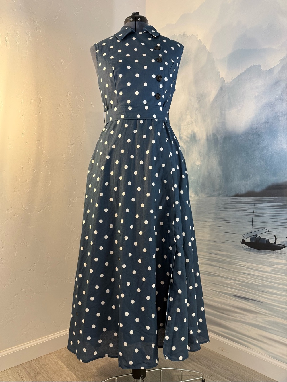 Vintage-Inspired Navy Polka Dot Sleeveless Maxi Dress # 178